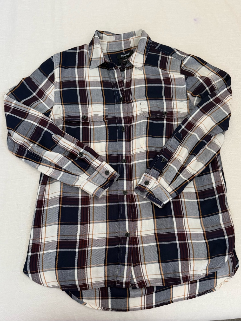 Madewell Classic Plaid Button Down Pocket Shirt Navy White Gold Size S